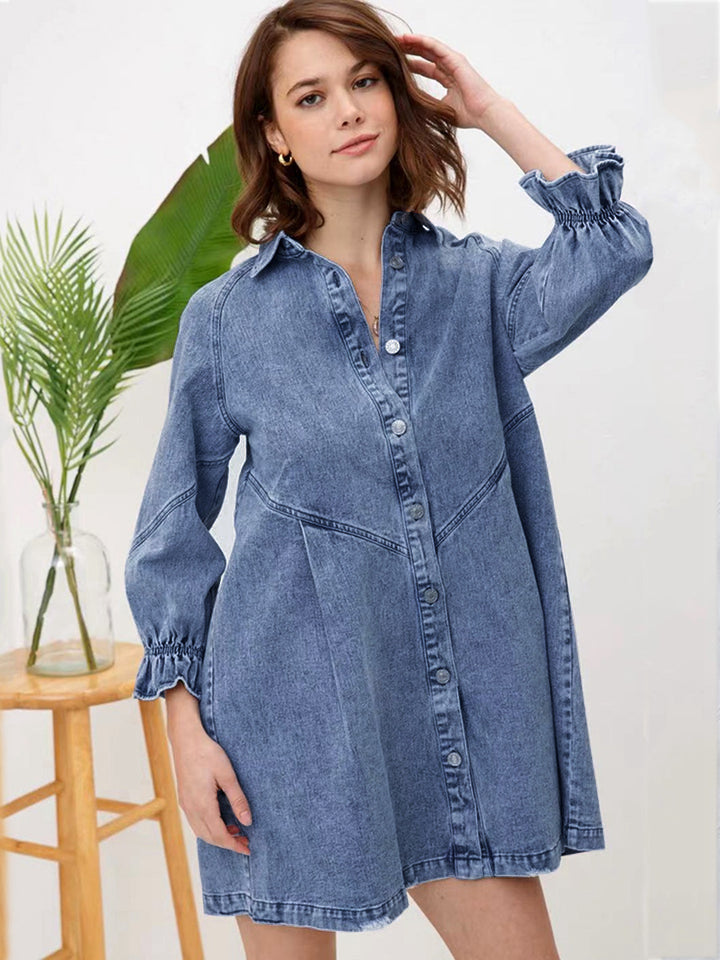 Three Quarter Lantern Sleeves Denim Shirt Dress