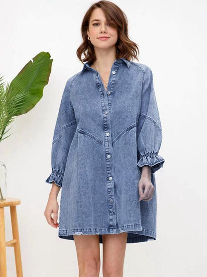 Three Quarter Lantern Sleeves Denim Shirt Dress