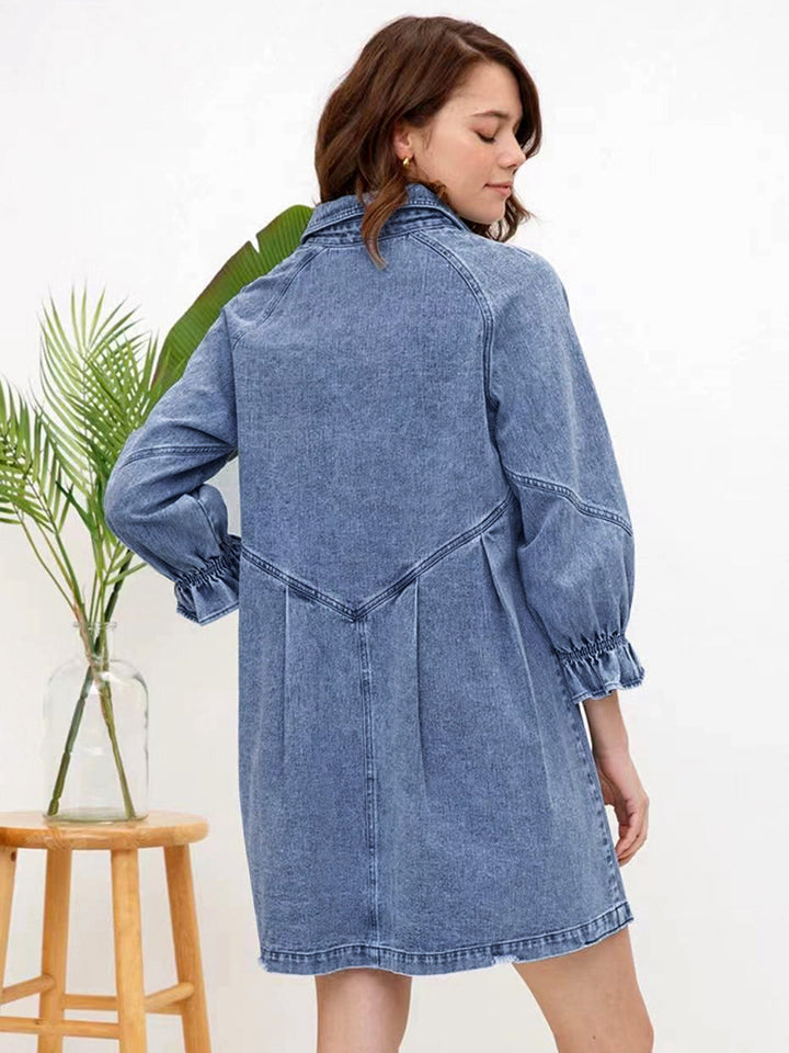 Three Quarter Lantern Sleeves Denim Shirt Dress