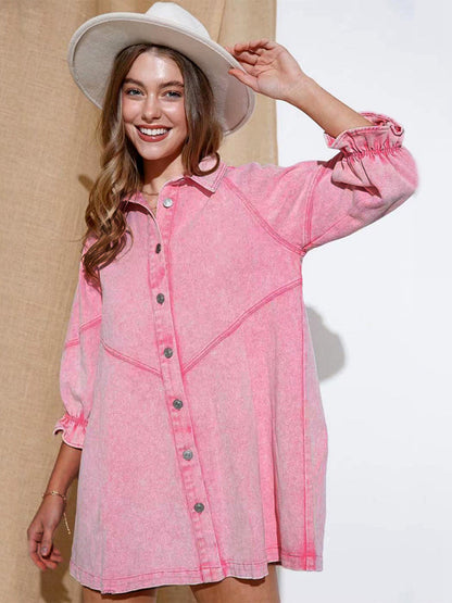 Three Quarter Lantern Sleeves Denim Shirt Dress